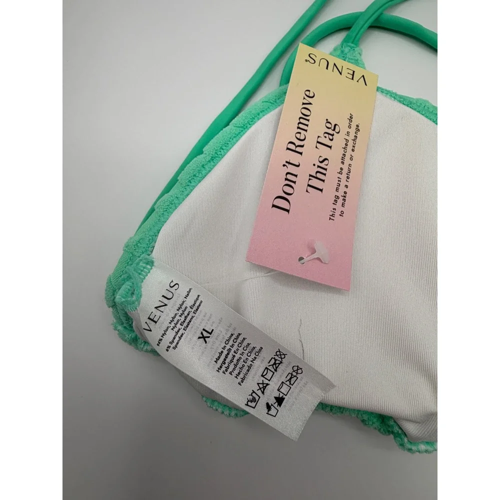 Venus Bikini Set Women XL Mint Green Textured Checkerboard Triangle Side Tie NEW